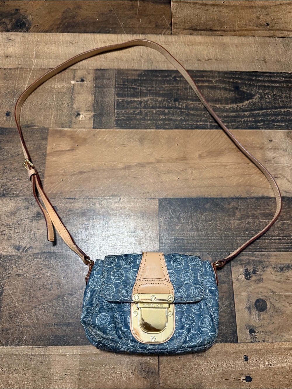 Michael Kors MK Blue Denim Buckle Flap Crossbody Bag